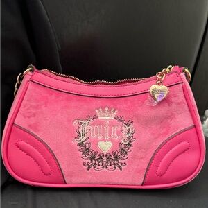 Juicy Couture Hot Pink Velvet Logo Shoulder Bag with Heart Charm